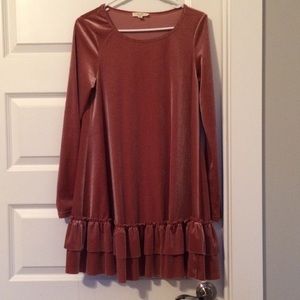 Pink velvet long sleeve ruffle dress